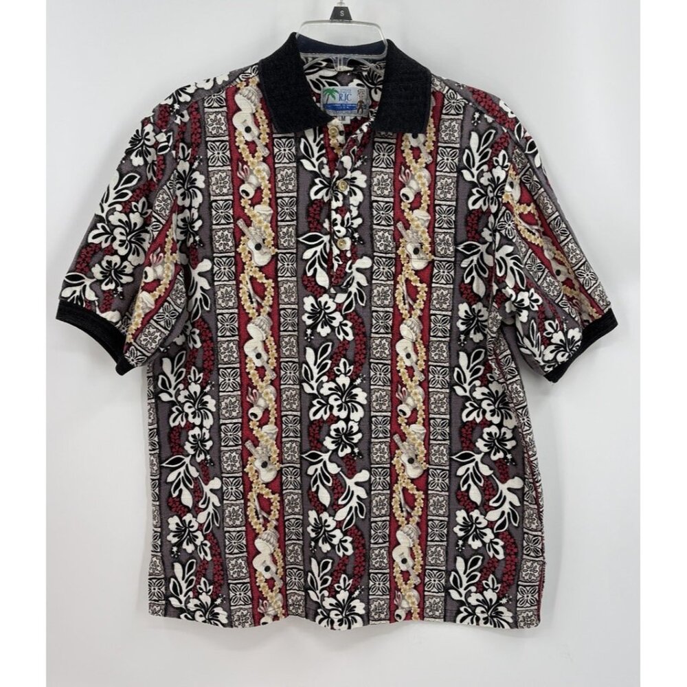 Vtg RJC Hawaiian Barkcloth Polo Shirt Men M Floral Hibiscus Drums Aloha Hawaii